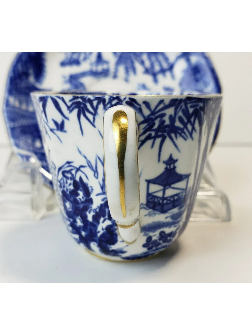 Vintage Royal Crown Derby Blue Mikado Demitasse Teacup & Saucer Set Chinoiserie